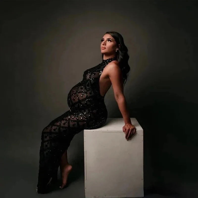 MQTIME - Embellished Maternity dress for pregnancy photoshoot Sexy sparkling Rhinestone Ladies evening sleeveless Dresses