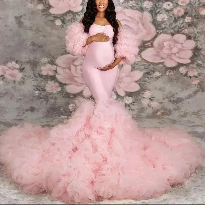 MQTIME - Hot Maternity Dresses Photoshoot Tulle Maxi Gown Baby Shower Ruffles