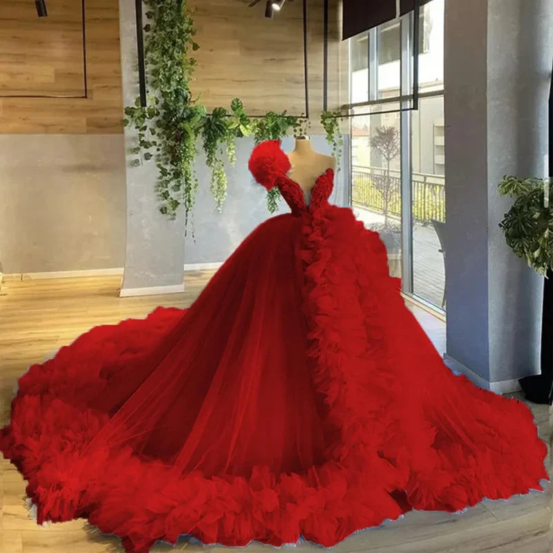 nvxiot - Ruffles Women Tulle Formal Party Gowns V Neck Long Evening Dresses 2024 Puffy Ball Gown Maternity Photo Dress