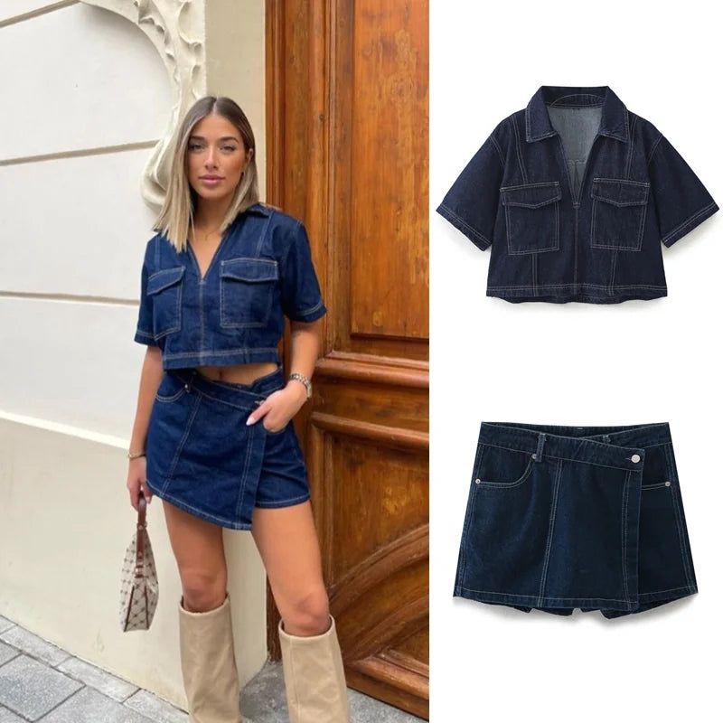 MQTIME - Women's 2024 Summer New Retro Versatile Short Denim Shirt 6164/070 Asymmetric Denim Skirt Shorts 6164/068