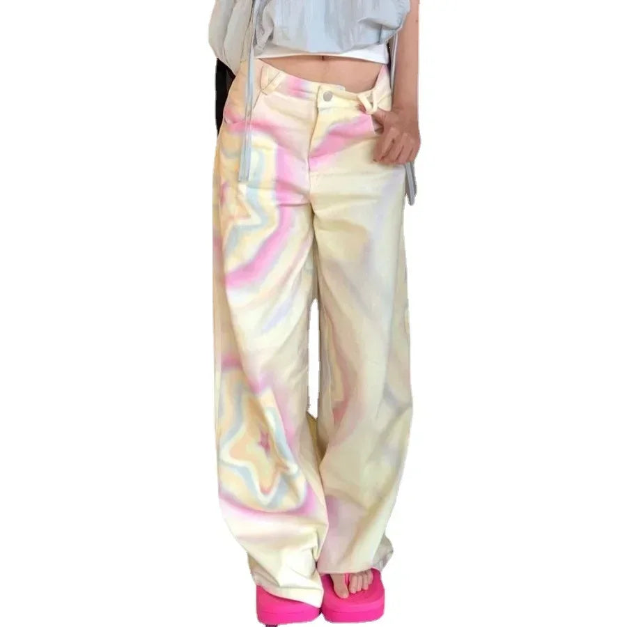 nvxiot - Paisley Rainbow Star Cute Print Jeans Denim Pant high waist y2k pants plus size clothes casual harajuku boyfriend loose straight