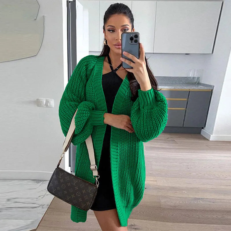 nvxiot Casual Cardigan Women Fashion Lantern Sleeve Knitted Sweater Oversize White Cardigan Vintage Tops Auturn And Winter Outwear Coat