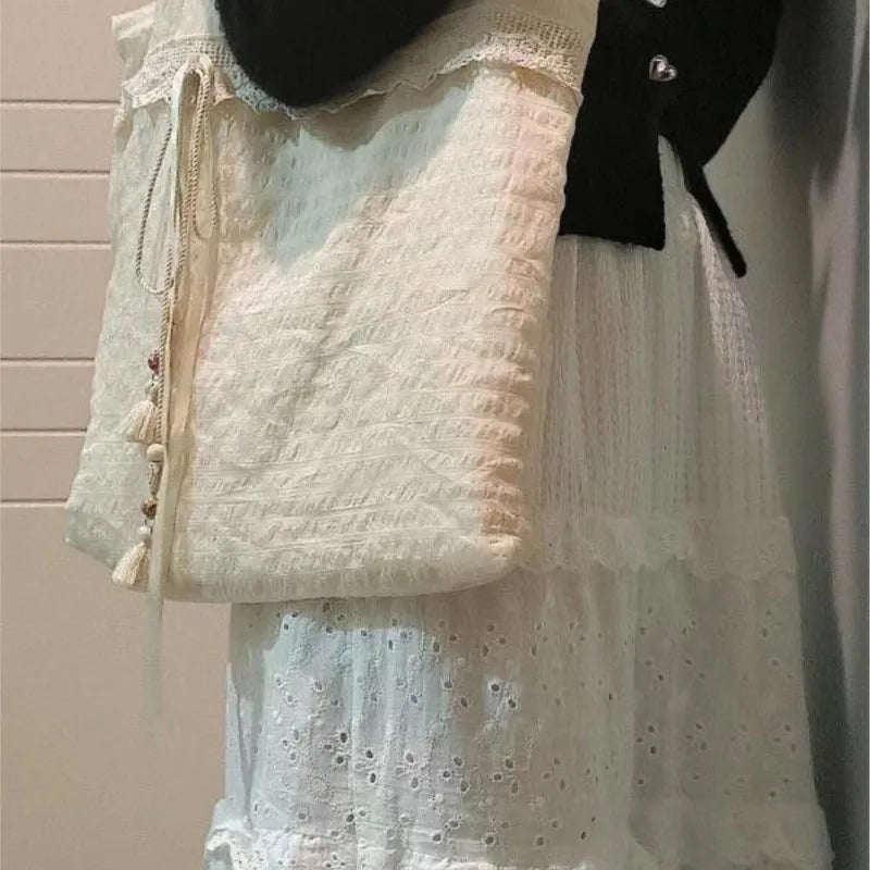 nvxiot - Harajuku Beige Canvas Shoulder Bags Women Vintage Lace Large Capcity Tote Bag Purse Female Versatile Casual Handbag Y2k