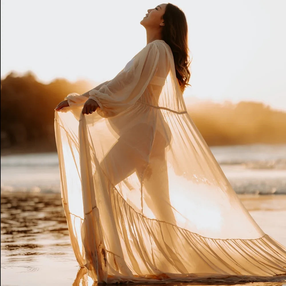 nvxiot - Photography Dress For Women Sexy Transparent Beige Chiffon Beach Robe Maternity Gown For Photo Shoot Boho Style Boho Style Dress