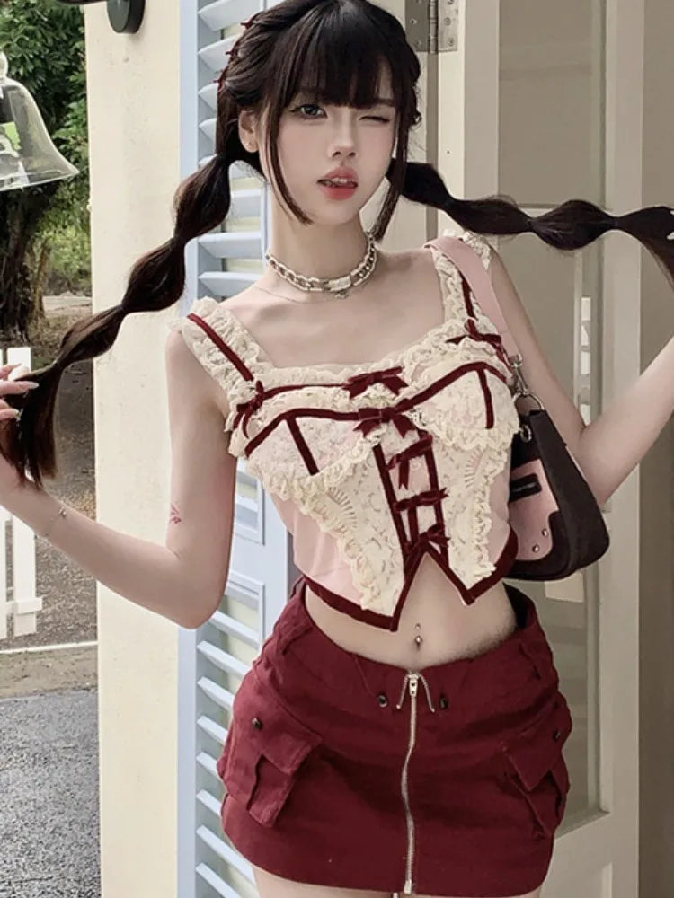 MQTIME - White Lace Patchwork Pink Tank Tops Sexy Sweet Bow Y2k Crop Top for Women Kawaii Lolita Cutecore Camis Korea Clothing
