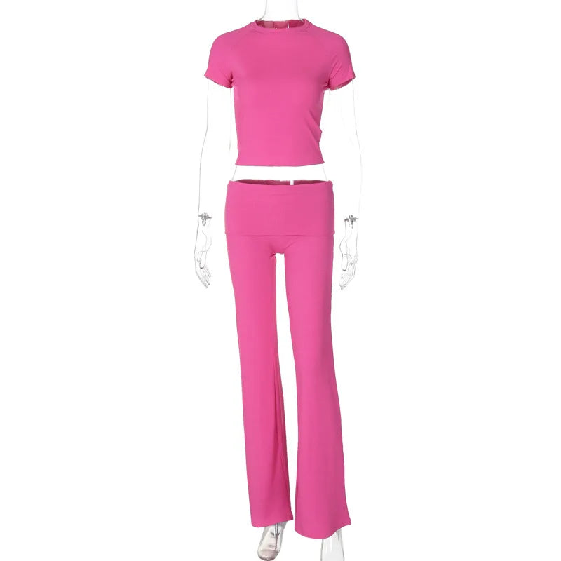 nvxiot - Women Solid Ribbed Tracksuits Summer Casual 2 Piece Set Short Sleeve T-shirts Crop Tops Folded Waist Slim Flare Pants Suits