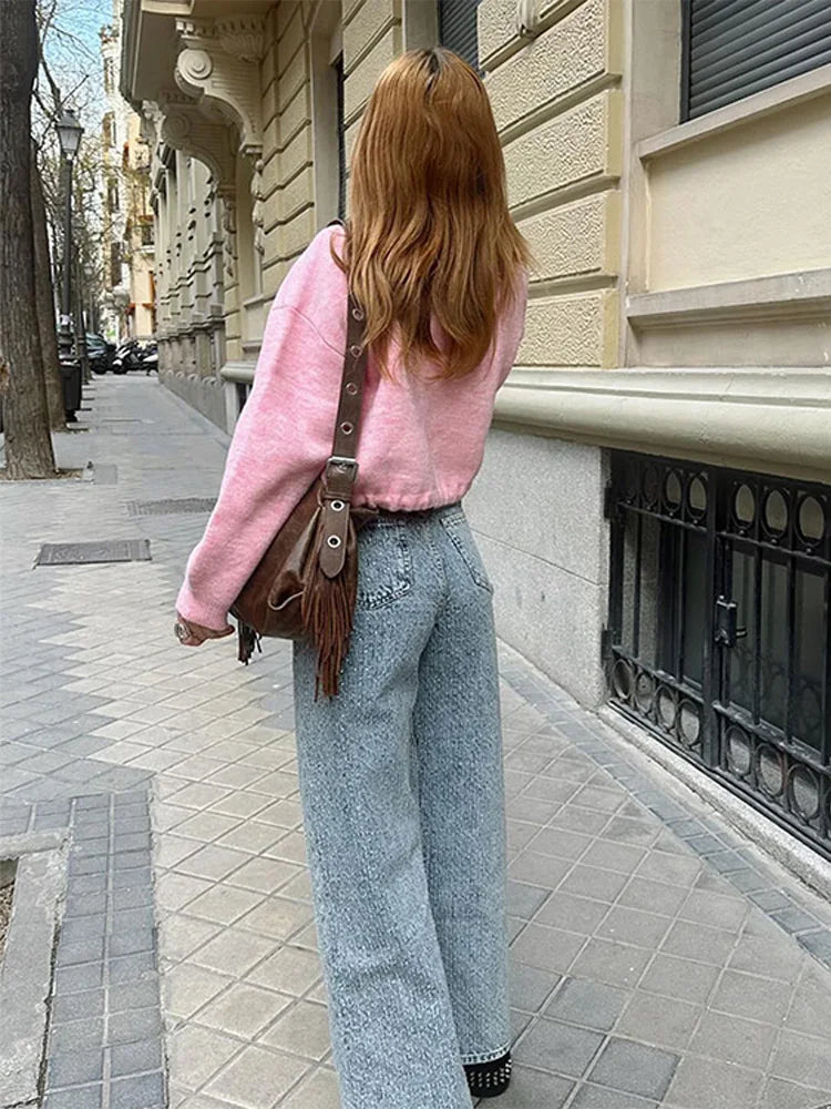 nvxiot Fashion Pink Lace Up Knitted Sweater For Women Spring Casual O-neck Long Sleeve Cropped Jumper Lady Chic High Street Knitwear