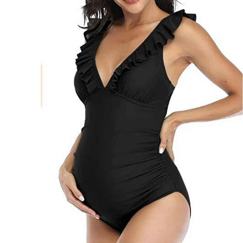 nvxiot - Maternity Swimsuit One Piece Ruffle V Neck Swimwear Lace Up Back Bathing Suit Monokini Maternity Beach Bikini SPA
