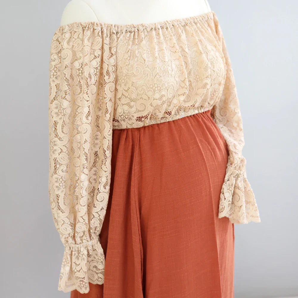 nvxiot - Maternity Dresses For Photo Shoot Two Piece Lace Top and Linen Cotton Skirt Vintage Boho Photography Dress for Baby Showers