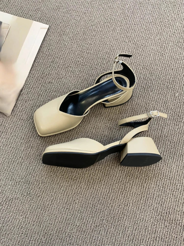 MQTIME - Summer Hollow Out Pure Color Sandals Woman Non Slip Casual Elegant Shoes Beach Korean Style Buckle Medium Heels Shoes Slim