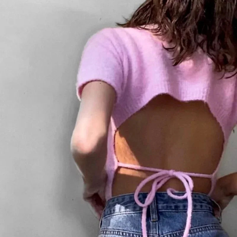 MQTIME - summer new sexy open waist hollow strap slim round neck short-sleeved knitted top T-shirt graphic tees aesthetic clothes