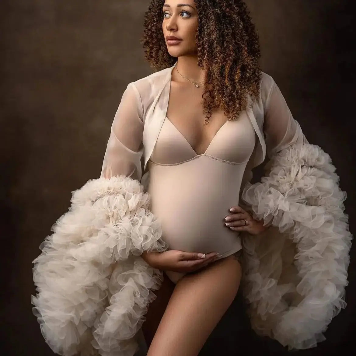 nvxiot - Ivory Bodysuit Maternity Robes Women Bathrobe Wrap Photo Shoot Birthday Sexy Bridal Fluffy Sleeve Sleepwear Custom Made