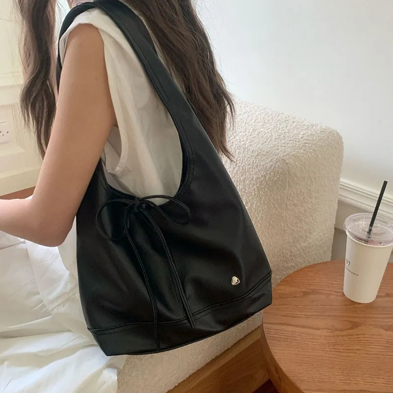nvxiot - White Elegant Shoulder Bag for Women Korean Style Fashion Solid Color Tote Bag Pu Leather Casual Designer Ladies Handbag