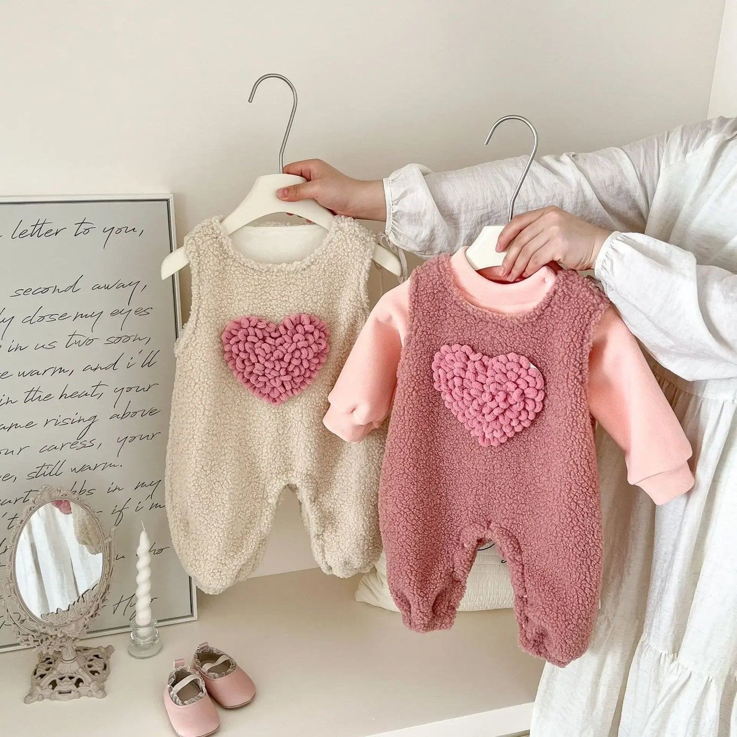 MQTIME - Autumn/Winter Baby Fleece Rompers 0-2 Y Infant Girls Sweet Heart Sleeveless Jumpsuit Toddler Warm Fur Outwear