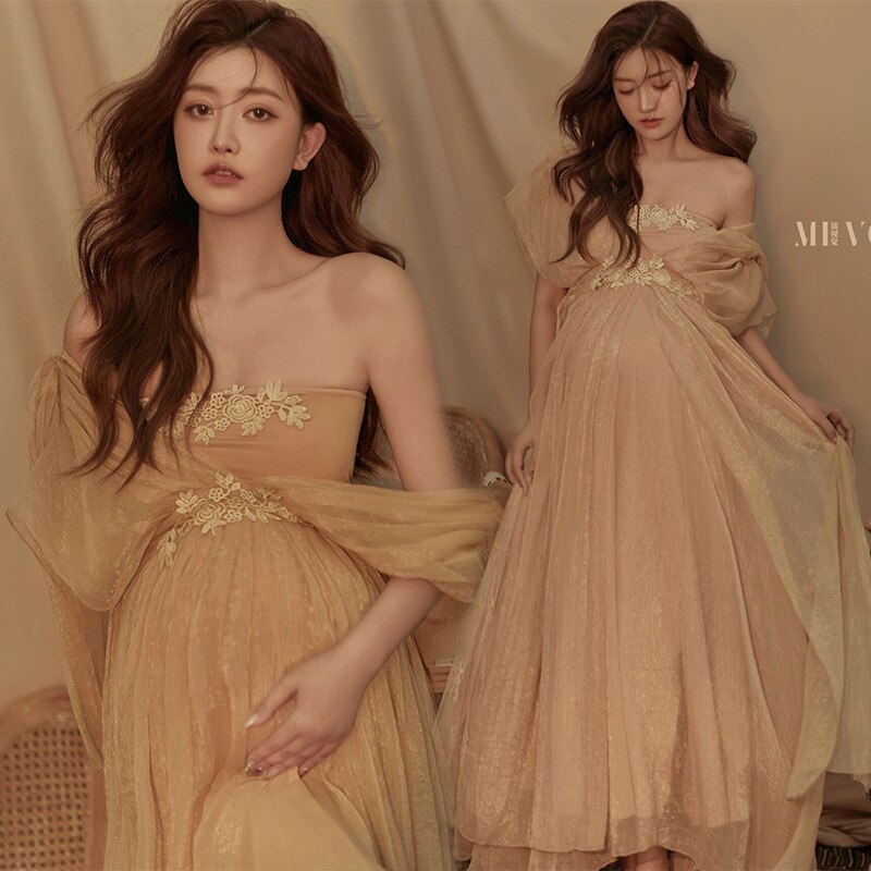 nvxiot Pure Pregnant Women's Photo Clothing New Aesthetic Fairy High Setting Champagne Gauze Pregnant Mother's Dress Retro Sweet