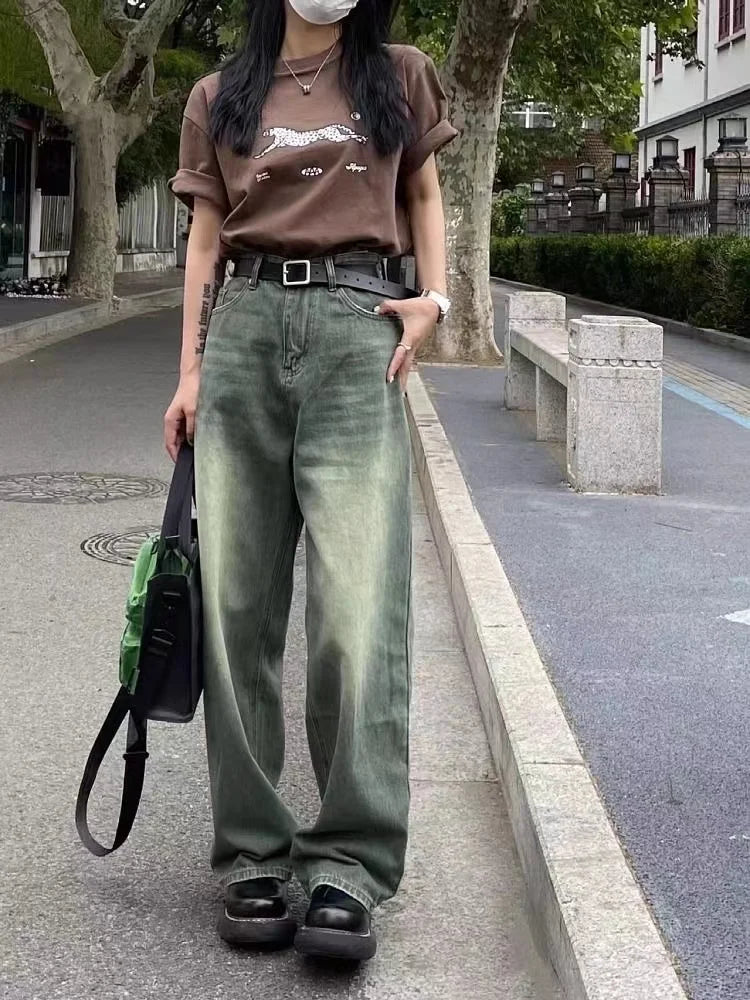nvxiot - Vintage Panels Fringed Jeans Distressed Straight-leg Pants Irregular Panels Baggy Trousers High Waisted Jeans Streetwear Women