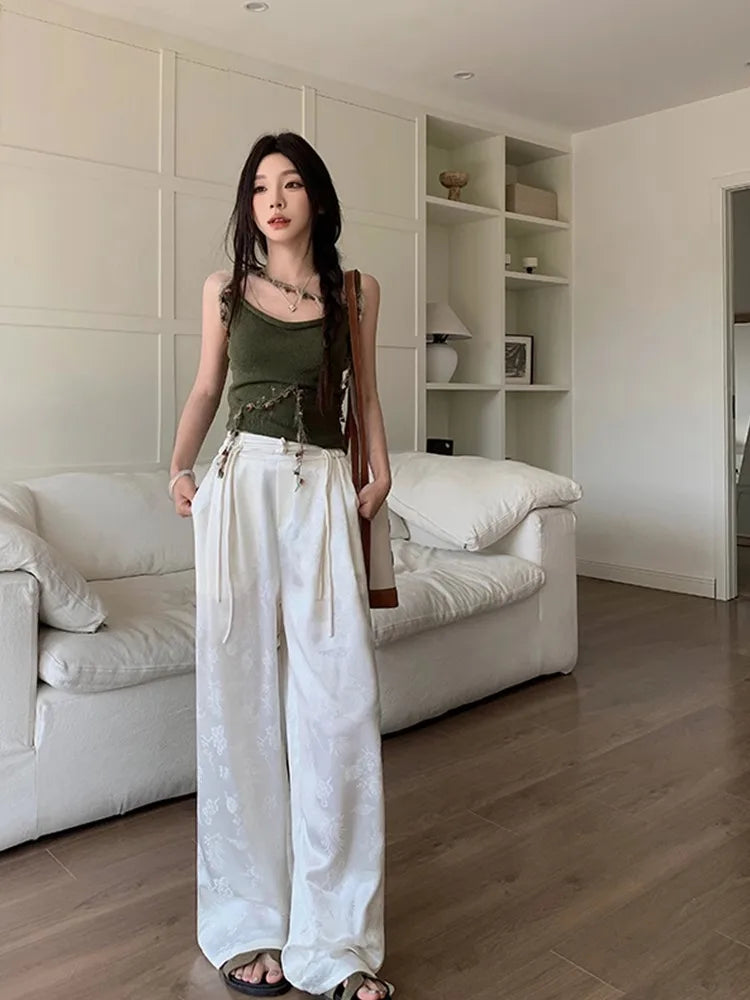 nvxiot - Satin Flower Graphic Long Pants Women Elastic High Waisted Wide Leg Pants Chinese Style Fashion Summer Loose Trousers