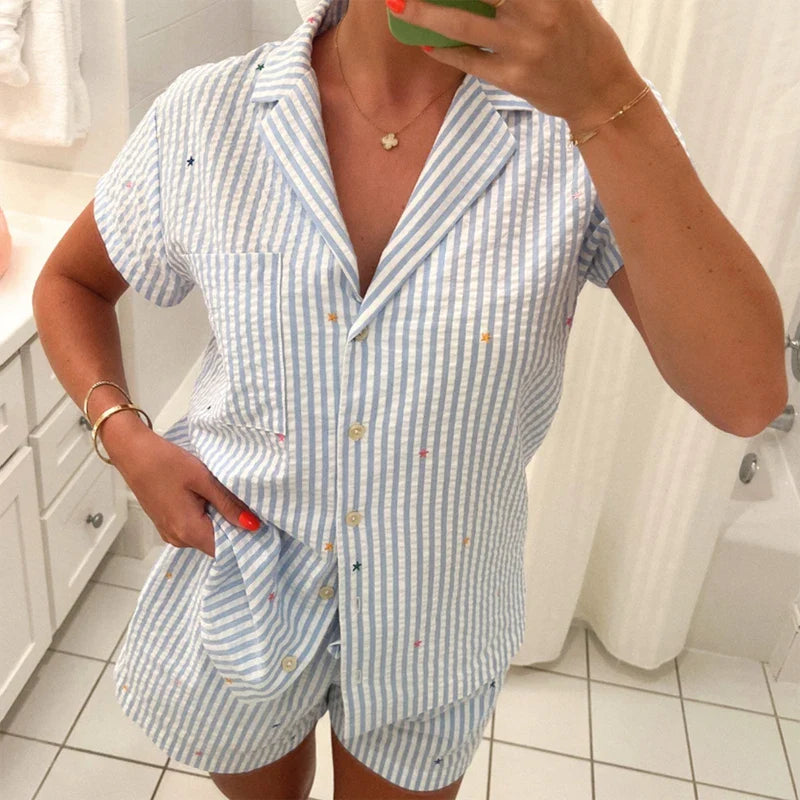 nvxiot - Women 2 Piece Floral Pajamas Set Y2k Long Sleeve Button Down Shirt Side Split Shorts Set Sleepwear Loungewear