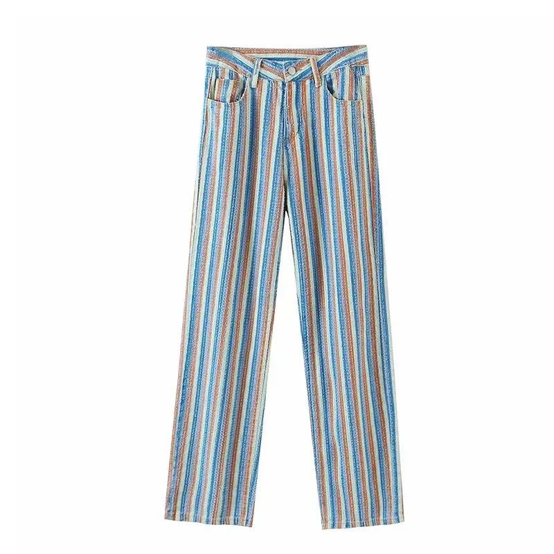 nvxiot - Summer Fashion Women's Pants Women's Clothing e girl aesthetic Color Striped Straight High Waist Casual Pants Streetwear Women