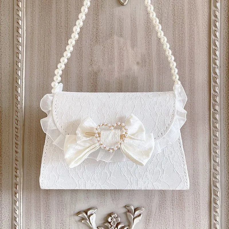 nvxiot - Lace Elegant Shoulder Bag for Women White Bow Cute Pearl Lolita Jk Handbag Original Exquisite Literary Fashion Armpit Bag