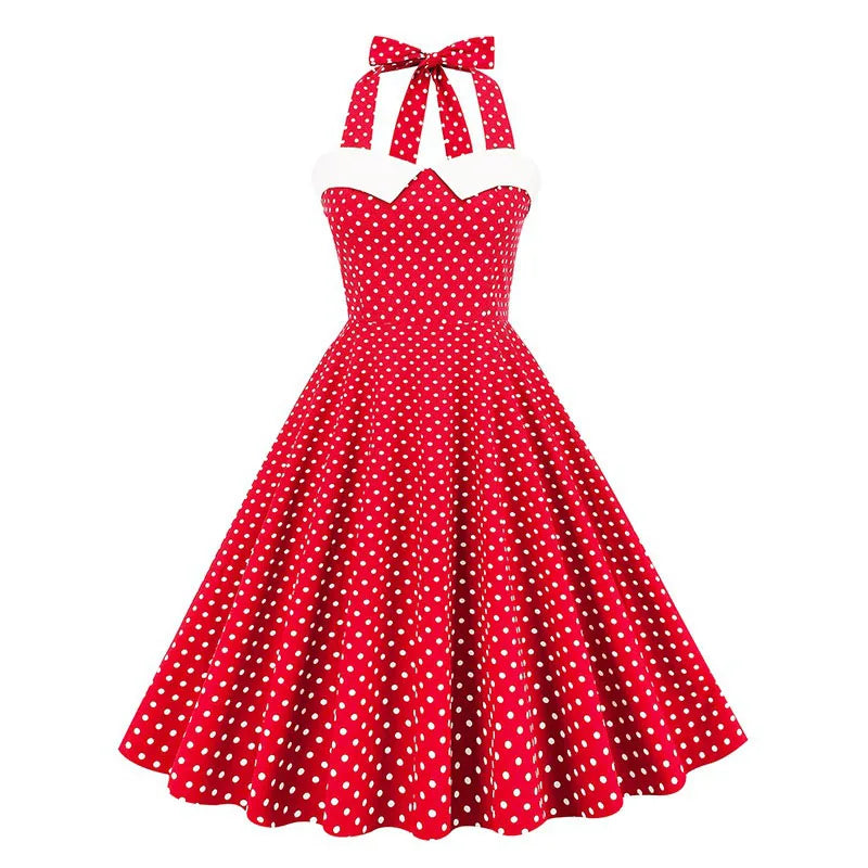 MQTIME - Women Red Polka Dot Party Halter Dress Vintage 50s Rockabilly Hepburn Elegant Strapless Swing Retro Short Midi Tunic Pinup Dress