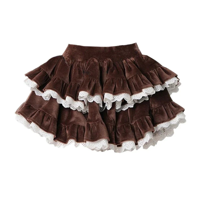 MQTIME - Black Velvet Ball Gown A-line High Waist Mini Women Skirt with Lace Gothic Style Pleated Skirts Korean Fashion Clothing