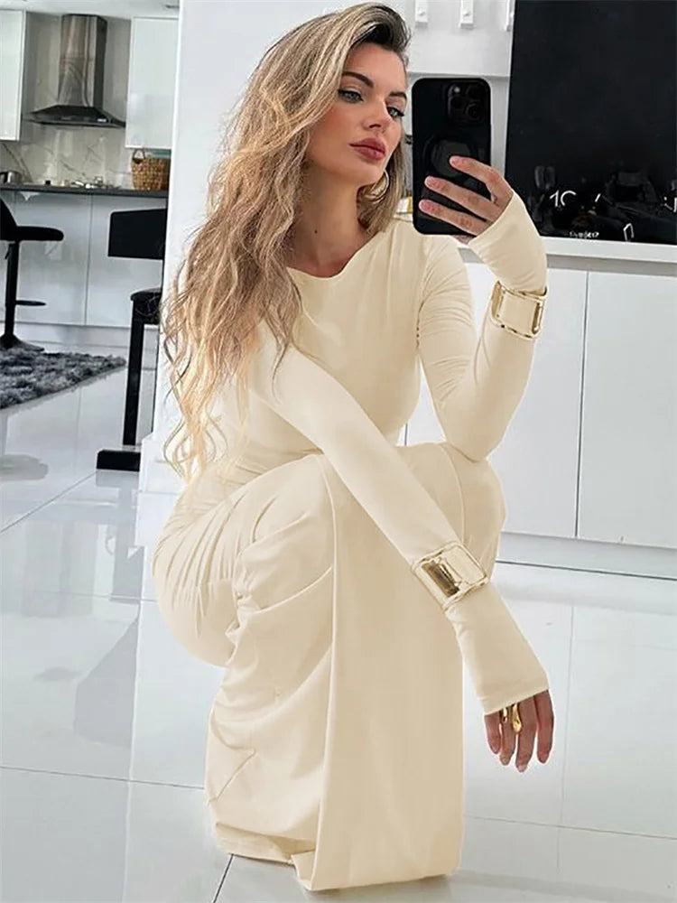 nvxiot - Pleated Tassel Slim Maxi Dress For Women Patchwork Lace-Up Elegant Fashion Solid Bandage Autumn Dress Female Party Dress