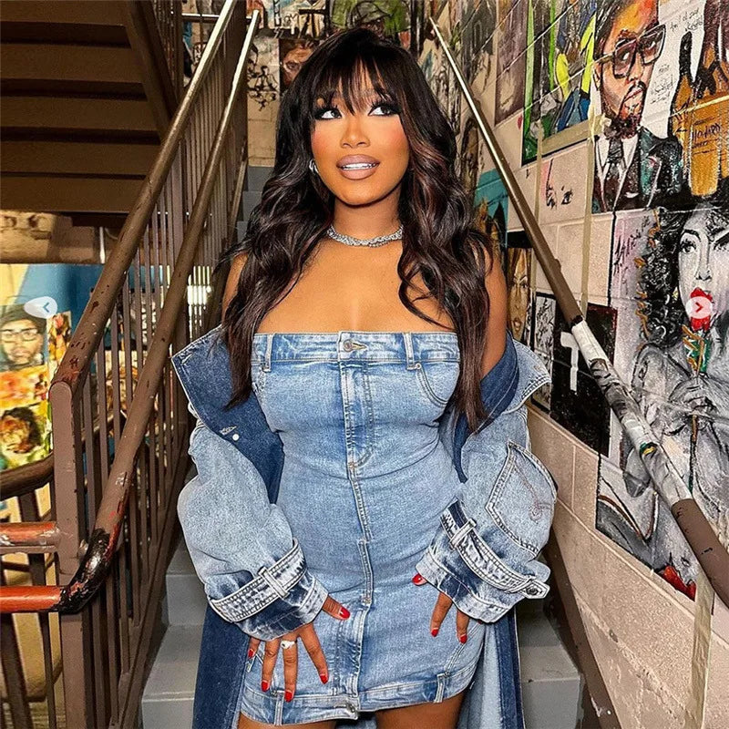 nvxiot - Zipper Button Fly Strapless Jeans Dress Women Sexy Wrap Chest Sleeveless Backless Slim Denim Mini Casual Dresses Clubwear Outfit