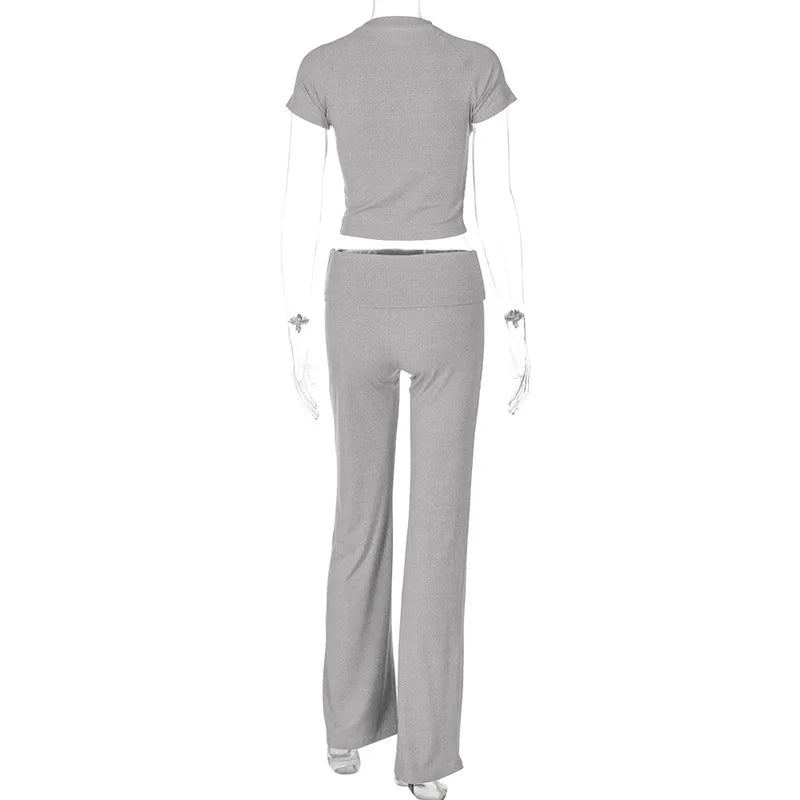 nvxiot - Women Solid Ribbed Tracksuits Summer Casual 2 Piece Set Short Sleeve T-shirts Crop Tops Folded Waist Slim Flare Pants Suits