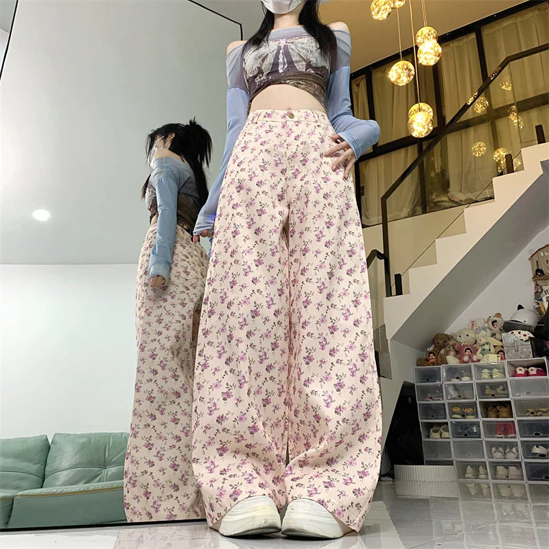 nvxiot - 2024 Spring/Summer floral loose fitting high waisted slimming straight leg wide leg pants for women's casual floor mopping pants