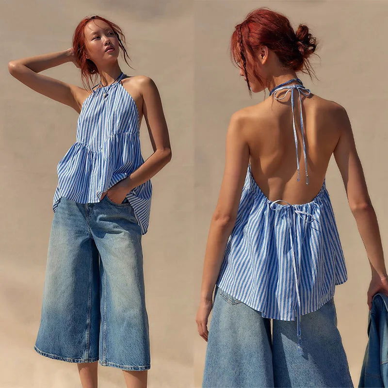 nvxiot - Striped Halterneck Tops Women 2024 Summer Sexy Straps Backless Shirts Blouses Female Casual Sleeveless Y2k Holiday Beachweaer