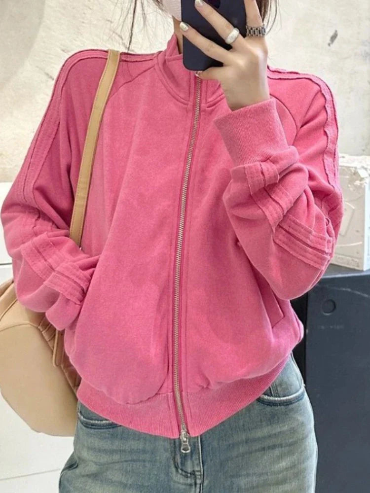 nvxiot - Womens Casual Vintage Pink Jackets Fashion Korean Double Zipper Jacket Chaquetas Loose All Match Pink Y2k Aesthetic Coats