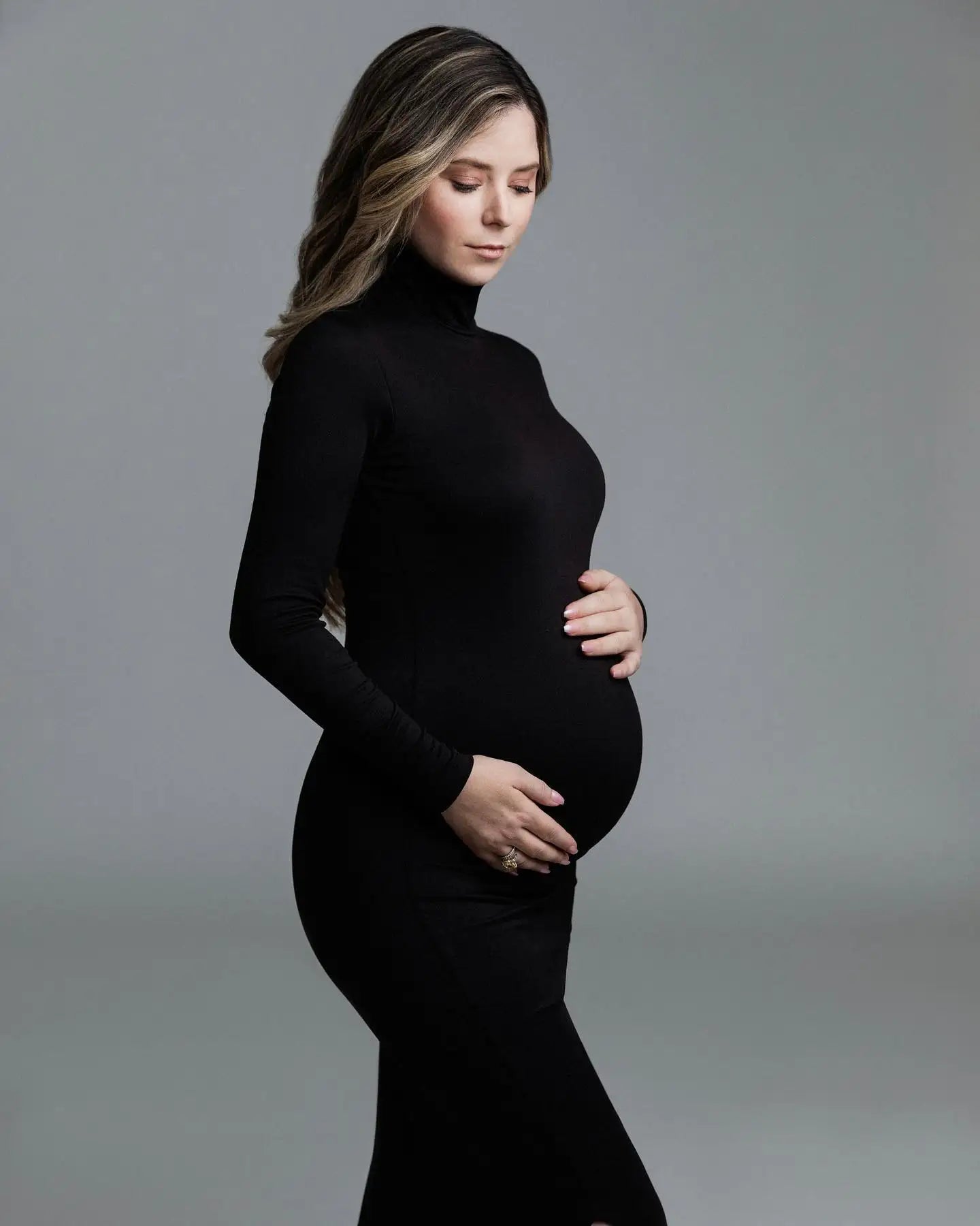MQTIME - Maternity DressesStylish Maternity Dress for Baby Shower Elegant High Neck Long Sleeve Dress for Pregnancy Photoshoots