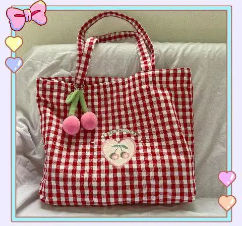 nvxiot - Plaid Red Canvas Shoulder Bag Women Summer Large Capacity Casual Handbags Ladies Vintage Harajuku Cute Tote Bag Y2k