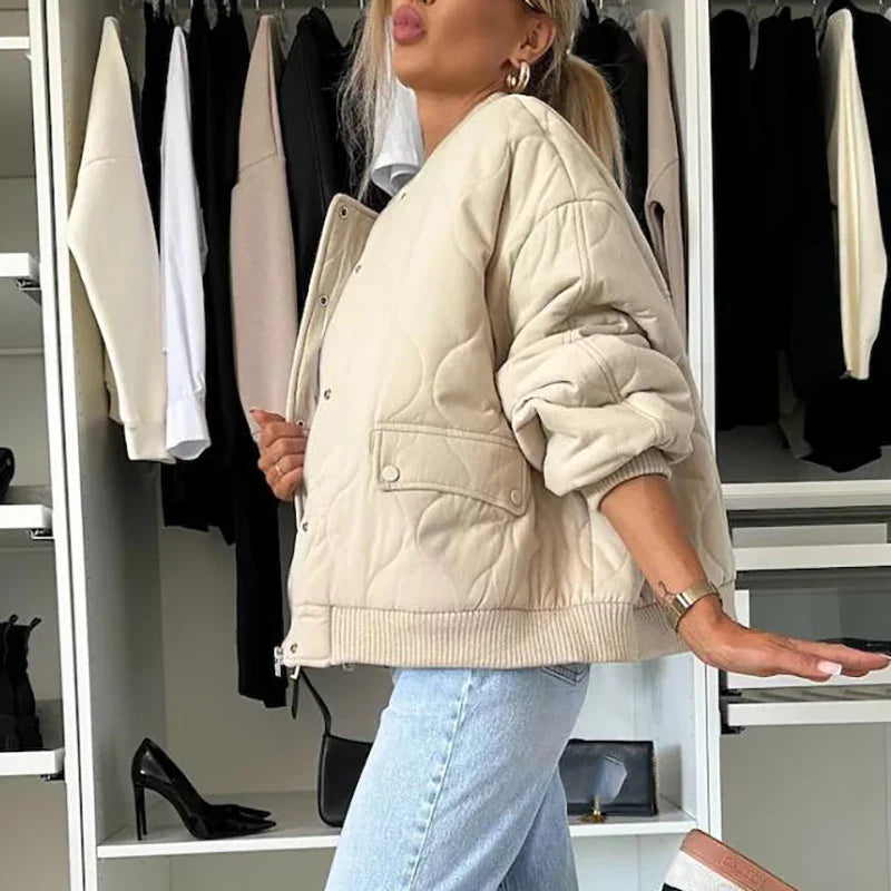 MQTIME - Lady Elegant Warm Pocket Down Coat Casual O Neck Single Breasted Cotton Jacket 2024 Fall Winter Long Sleeved Solid Loose Outwear