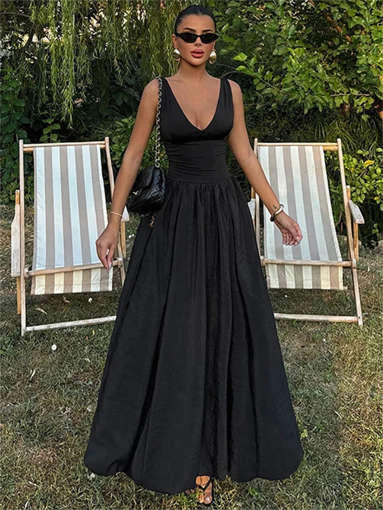 nvxiot - Fall Outfits 2024 Casual V-Neck Sexy Long Dress For Women Pleated Backless High Waist Patchwork Slim Party Dress Female Elegant Maxi Dress