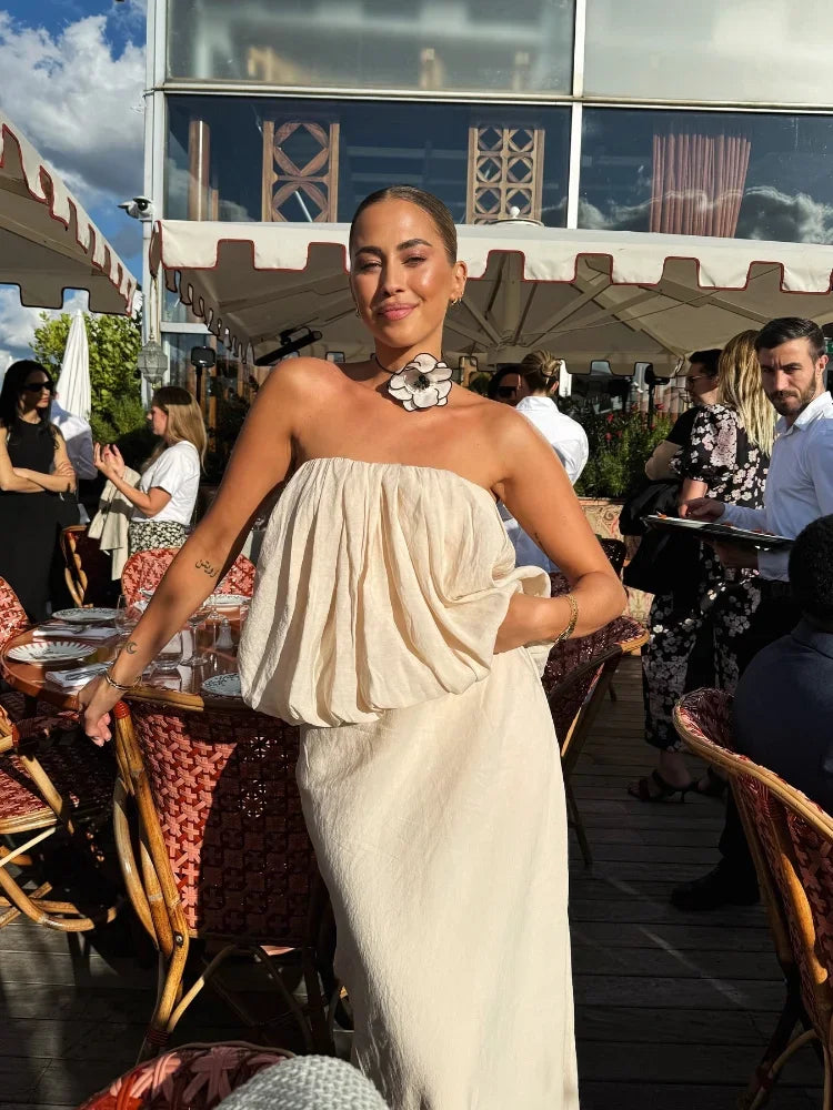 MQTIME - Folded Ruffles Strapless Top Women Suits Chic Sleeveless Short Top Maxi Skirt 2 Pieces Set 2024 Summer Lady Highstreet Outfits