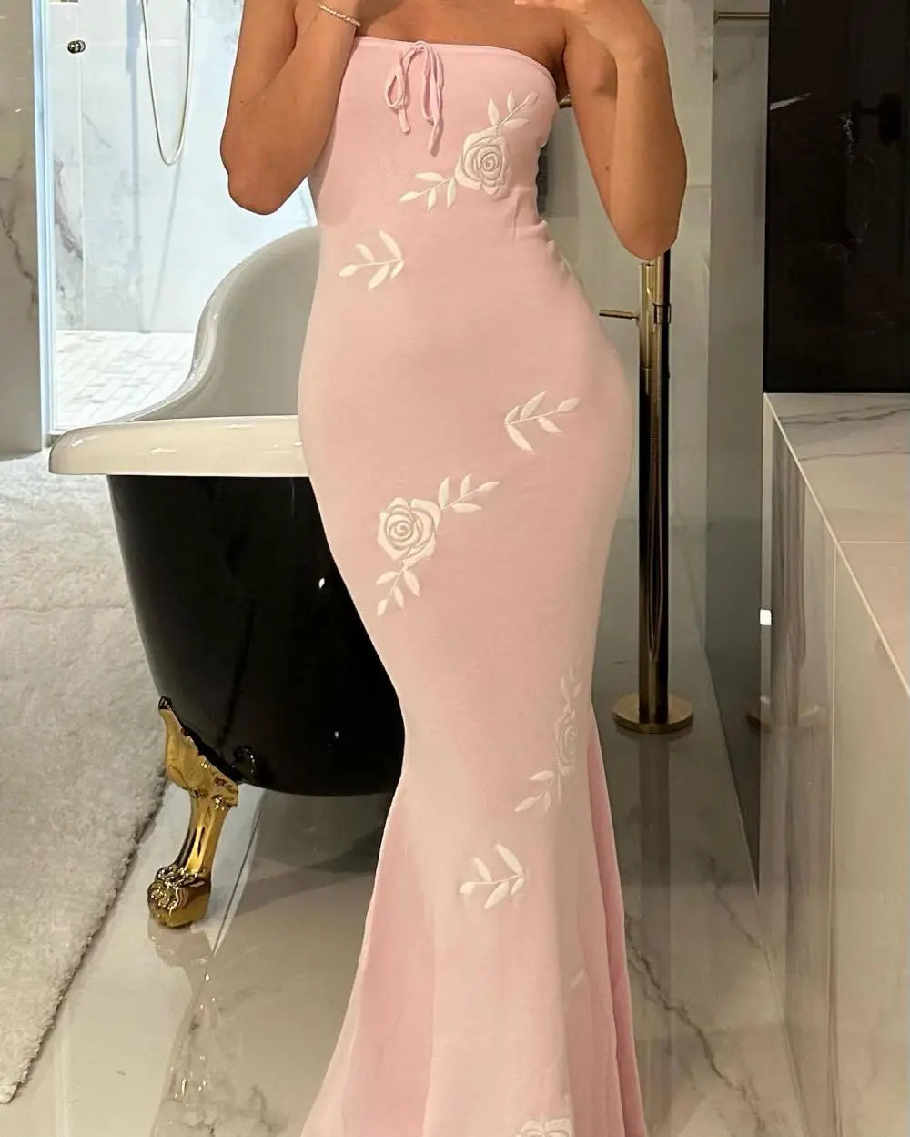 MQTIME - Floral Strapless Dress Chest Wrap Long Dresses Pink Lace-up Vestidos Backless Ankle Length Skirt Evening Dress for Party Banquet