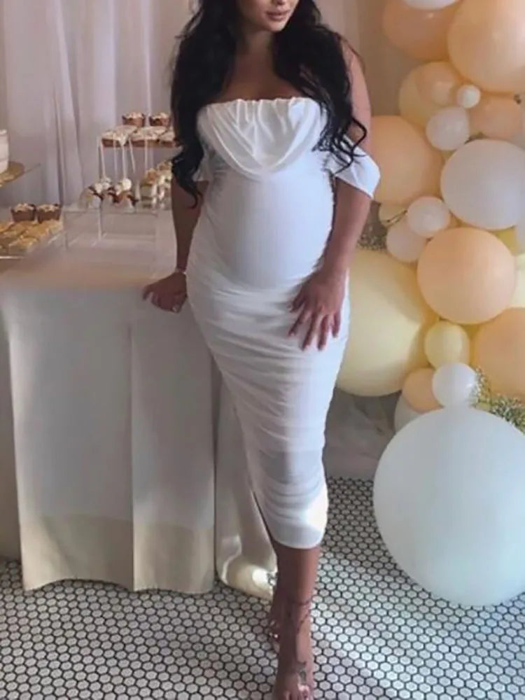 MQTIME - Khaki Ruched Off Shoulder Belly Friendly Baby Shower Pregnant Pregnancy Photoshoot Club Party Tube Bodycon Maternity Midi Dress
