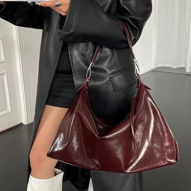 MQTIME - Burgundy Womens Tote Bag Aesthetic Vintage Fashion Advanced Leather Shoulder Bag Autumn and Winter Large Capacity Handbag