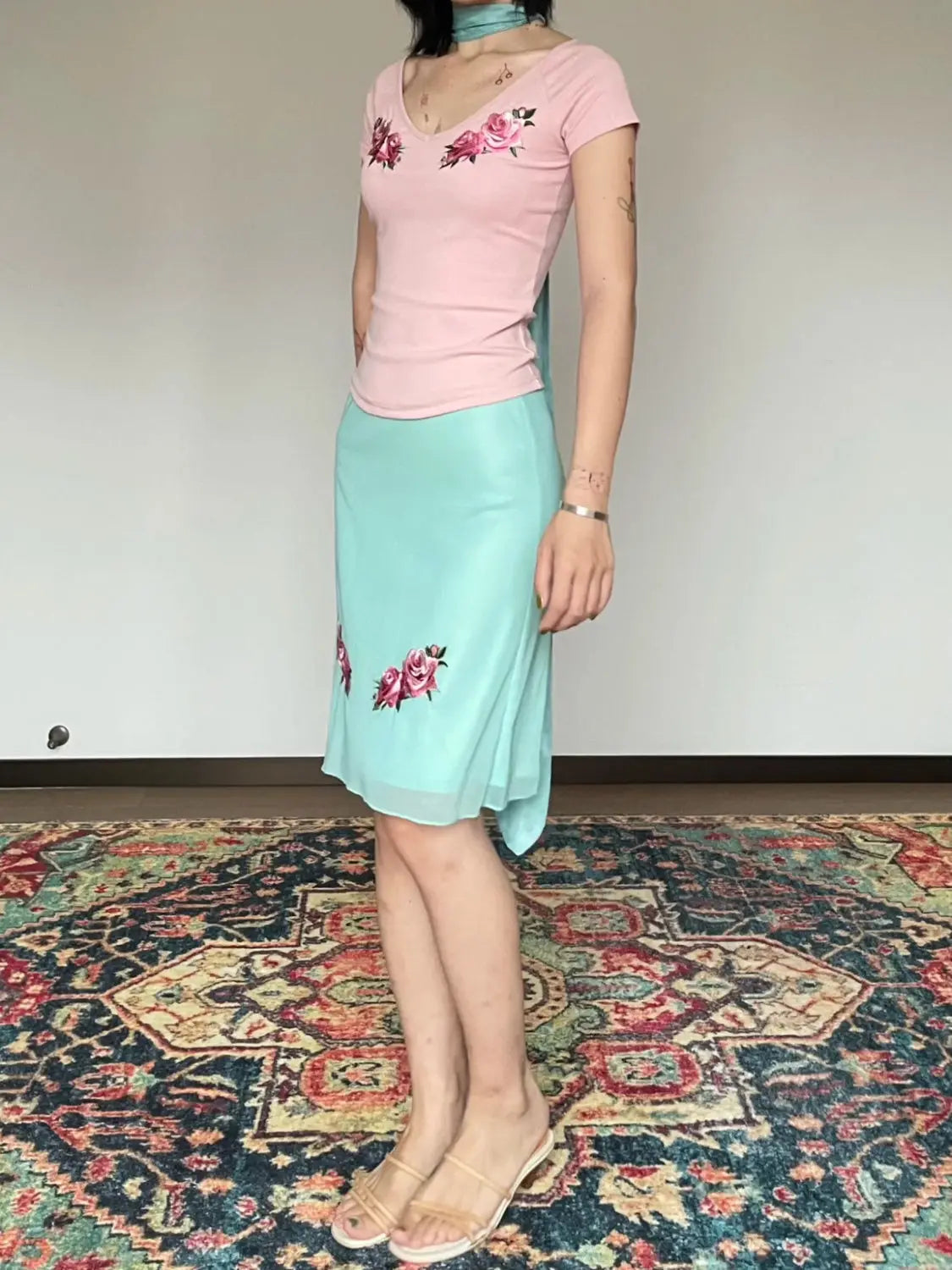 MQTIME - Two Piece Set,women suit crop top and skirt suits,flower print v-neck t-shirt fairycore 00s aesthetic skirts set y2k cute tshirt