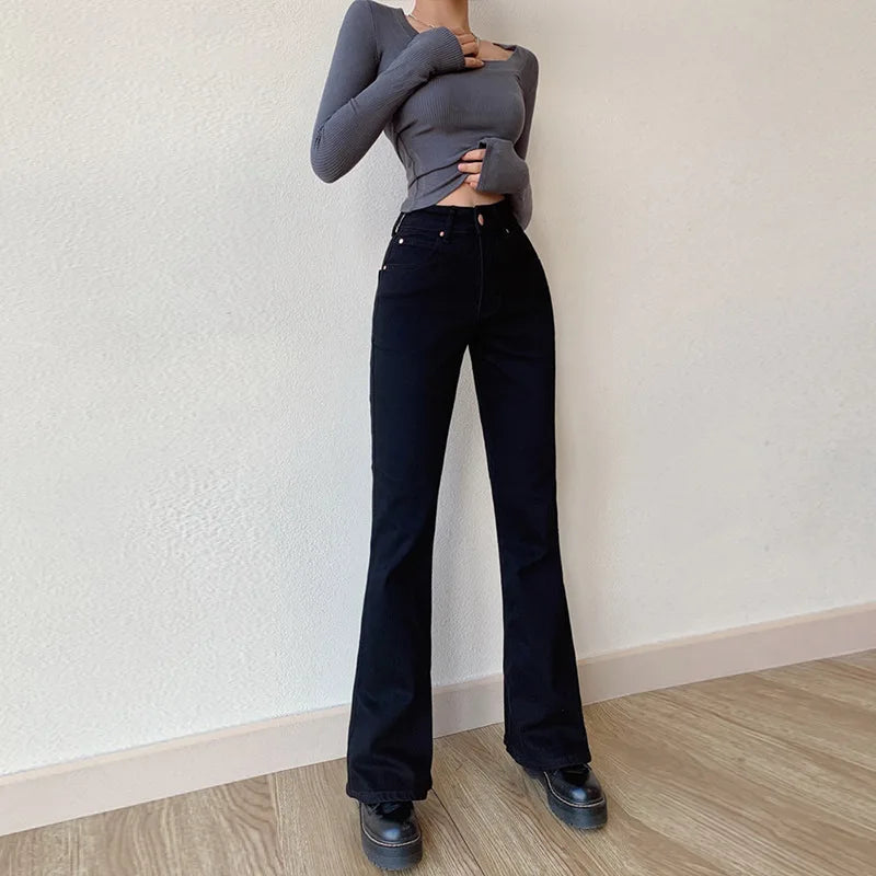 nvxiot flared jeans women straight leg solid color temperament street wide leg pants spice girl high waist women's denim trousers