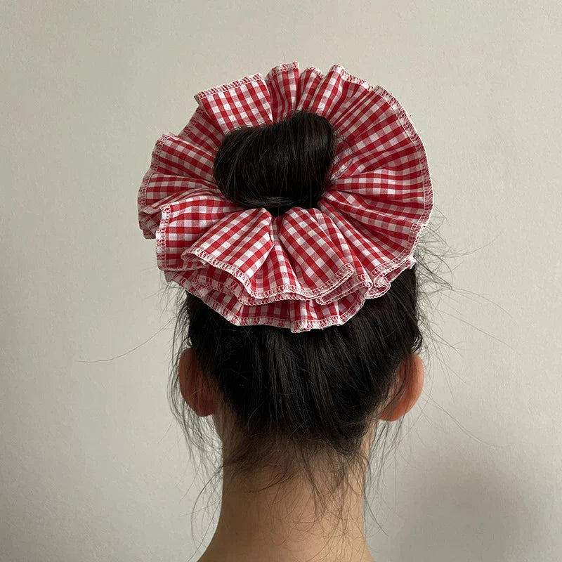 nvxiot - Retro Korean Flower Lace Scrunchies Four Layer Women Girls Exquisite Elastics Plaid Large Intestine Hair Holder Sweet INS Access