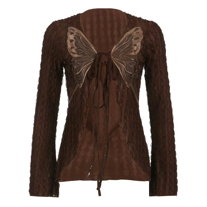 MQTIME - Retro Butterfly Print Cardigan Women's Flare Sleeved Texture Gypsy T-shirts Straps Mori Girl Vintage Slim Knitted Sweater Mujer