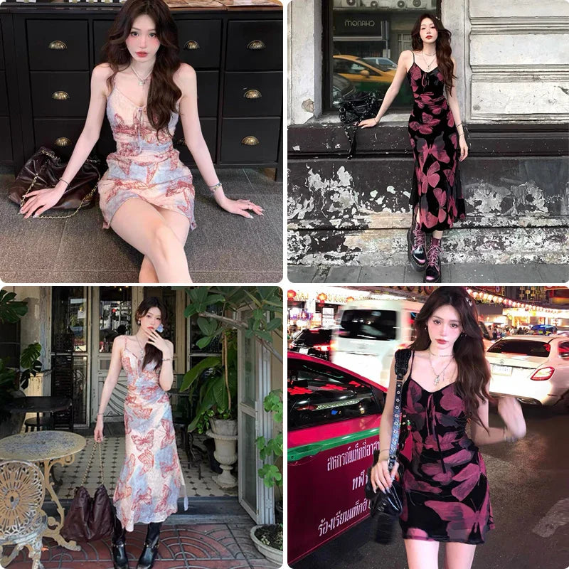 nvxiot - Elegant Vintage Slim Print Midi Dresses for Women Sleeveless Spaghetti Strap Red Butterfly Fashion Women's Clothing Summer 2024