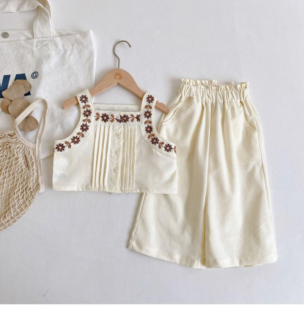nvxiot Girl Clothes Sets Summer Solid Color Linen Cotton Spaghetti Strap Emboried Tops Wide Leg Pants 2Pcs Outfits Sets With Pants 2-7Y