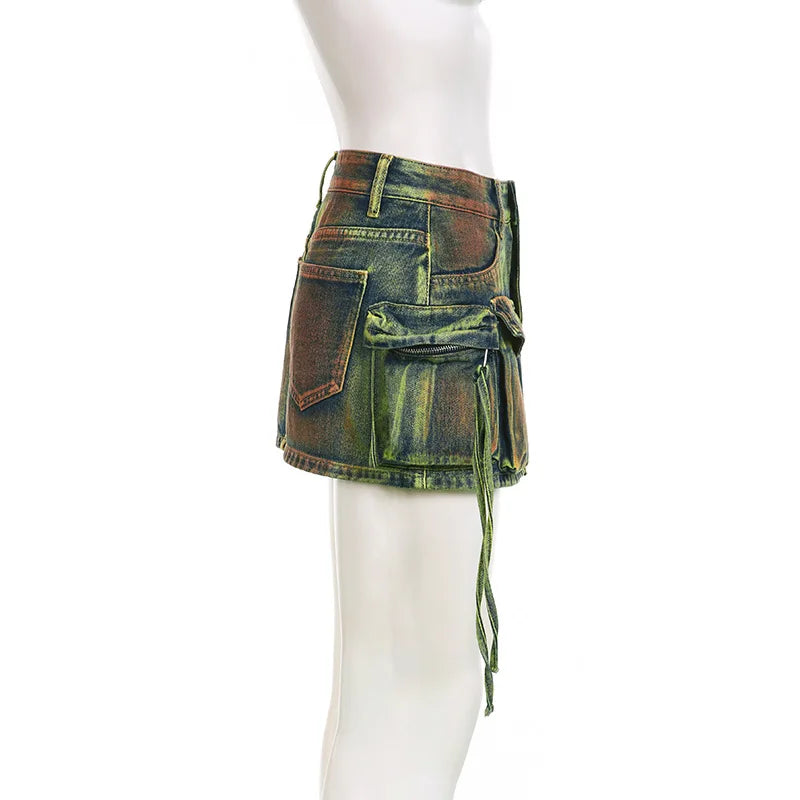 nvxiot - Vintage Tie Dye Print Cargo Mini Denim Skirts Women Fashion Multi Pocket Mid Waist Button Fly Casual Jeans Bottom Y2K Streetwear