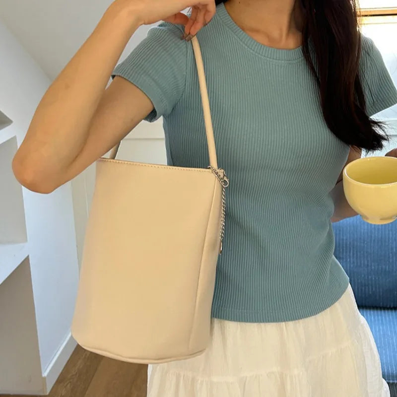 nvxiot - Fashion Shoulder Bag for Women Simple Black Casual Pu Leather Bucket Bag Elegant Korean Style Exquisite New Ladies Handbag