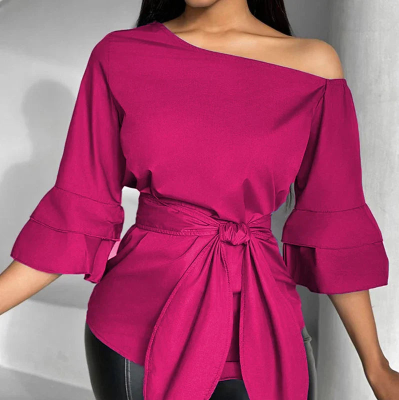 nvxiot - New Spring Casual Flared Sleeve Commuting Shirt Women's Loose Solid Color Pullover Fashion Diagonal Neck Bow Tie Up Top Blouses