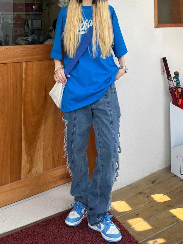 nvxiot - Side Ripped Hole Hollow Out Women's Jeans Denim Pant trousers punk hippie grunge 2023 fashion harajuku streetwear y2k high waist